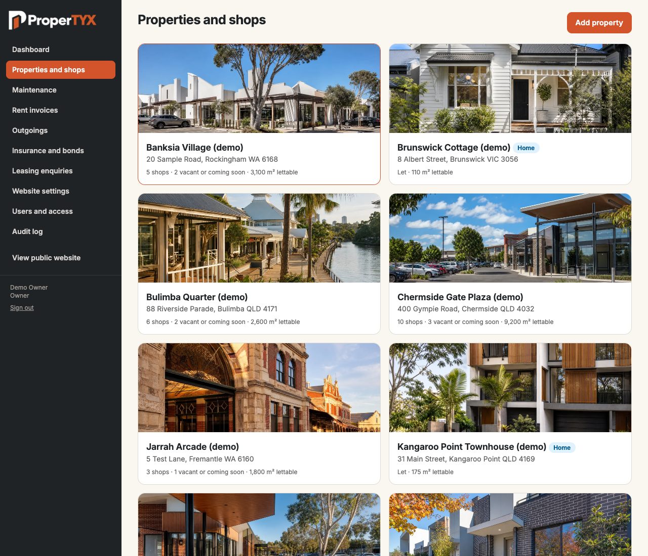 ProperTYX staff view listing properties and shops with photos, addresses and vacancies