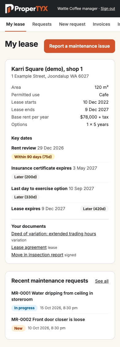 Tenant portal on a phone showing lease details, key dates and maintenance requests